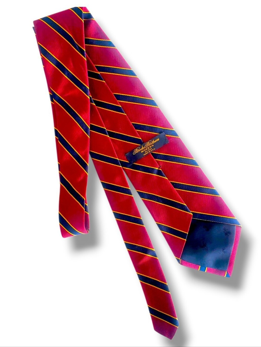 Brooks Brothers Deep Red Navy Blue Gold Bias Stripes Silk Necktie NYC USA